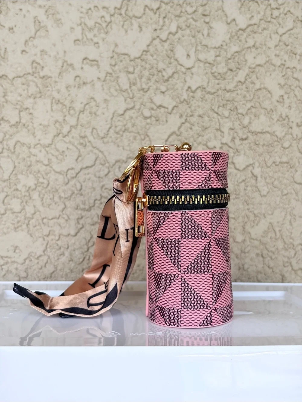 Pink Patterned Cylinder Compartment Bag with Scarf Accent